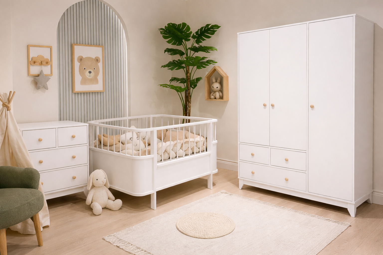 %100 MDF Bonnie Beşik Maxi Bebek Odası (3 Kapılı Dolap & 4 Çekmece Şİfonyer & 80x130 Büyüyen Beşik )