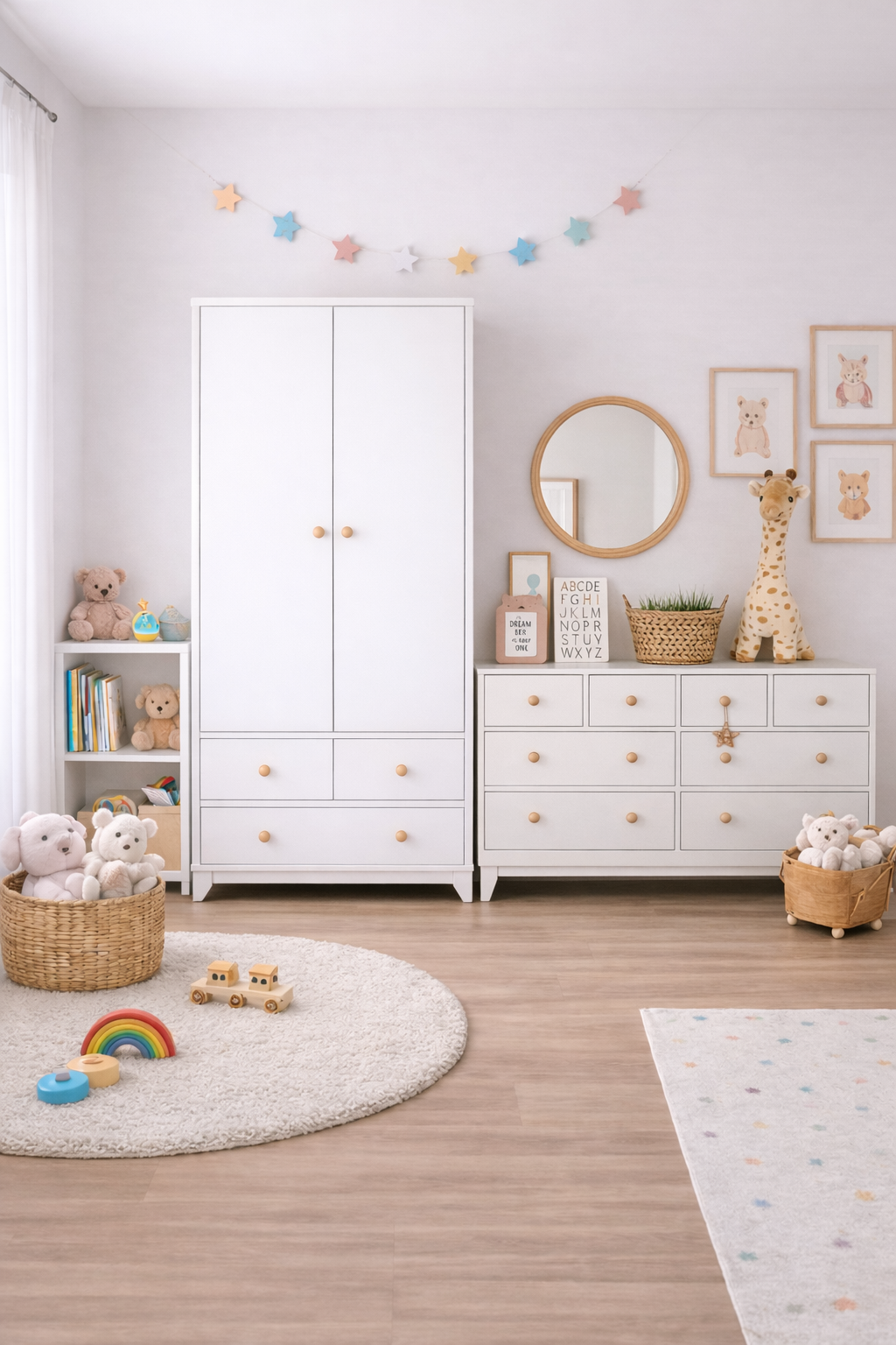 %100 MDF Bonnie Beyaz 2 Kapılı Dolap & Bonnie 8 Çekmeceli Şifonyer