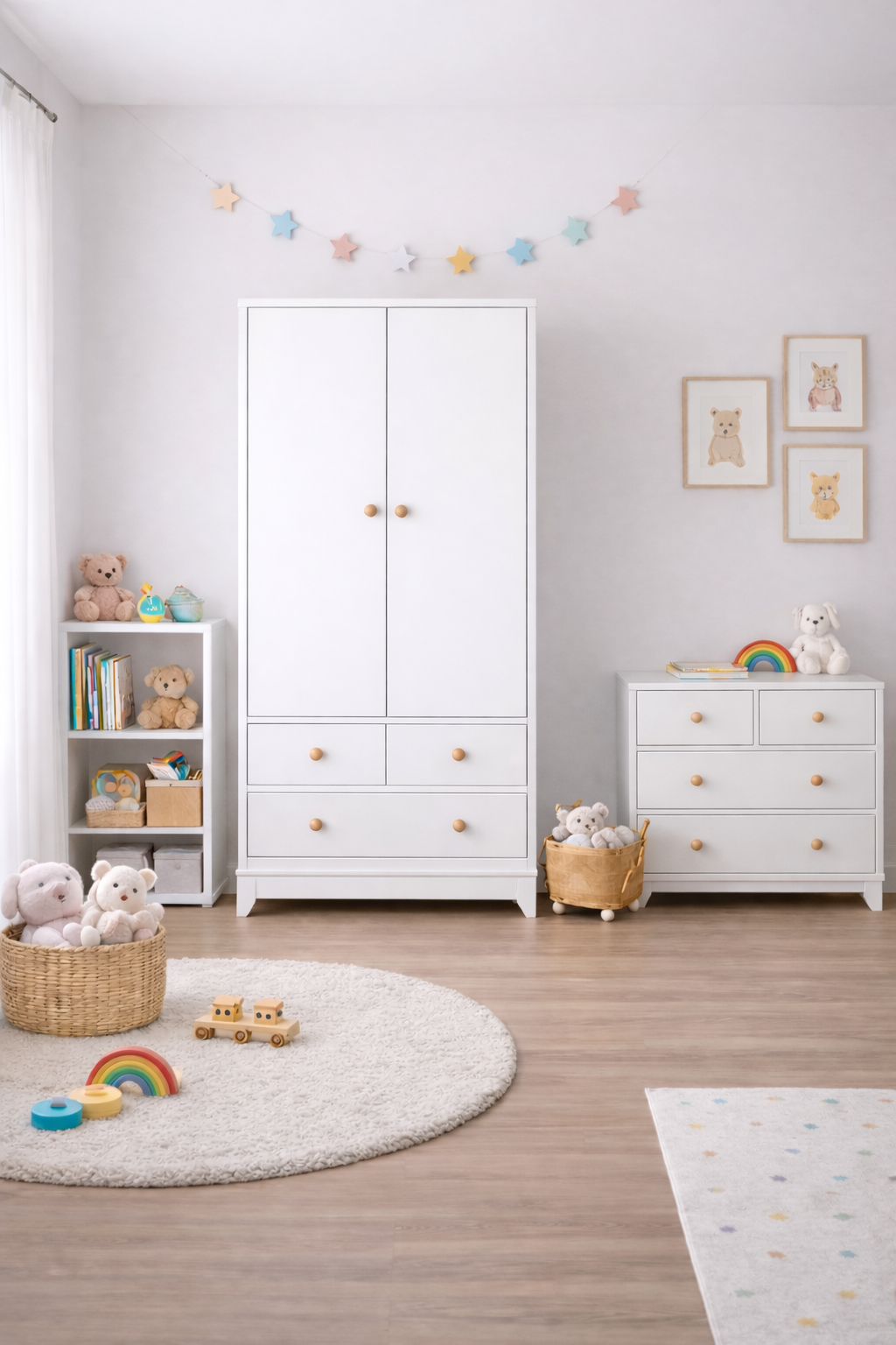 %100 MDF Bonnie Beyaz 2 Kapılı Gardırop & Bonnie Ahşap Beyaz 4 Çekmeceli Şifonyer