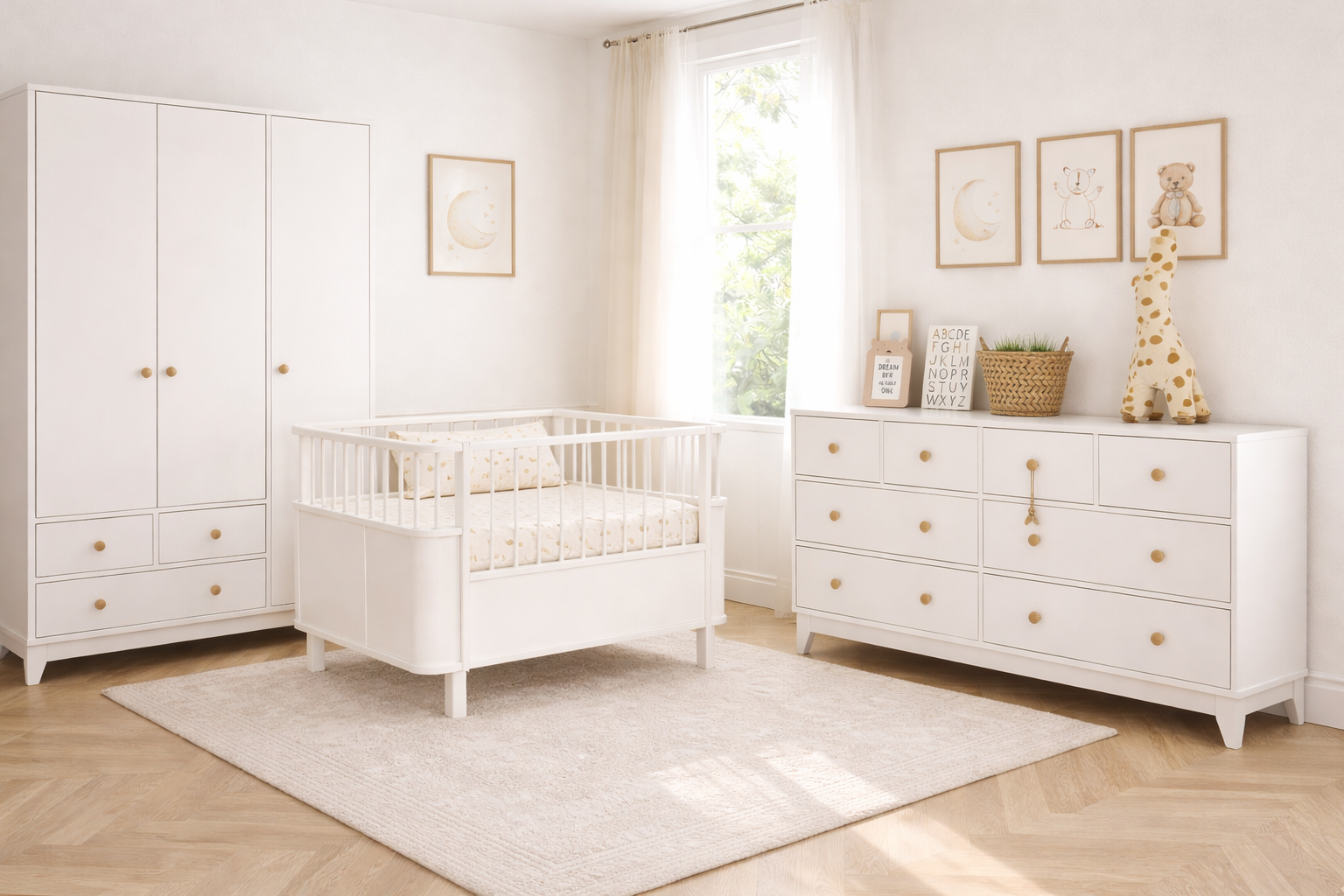 %100 MDF Bonnie Maxi ( Large ) Bebek Odası Takımı ( 3 Kapılı Dolap & 8 Çekmeceli Şifonyer & 80x130 ( 80x180 ) Büyüyen Beşik