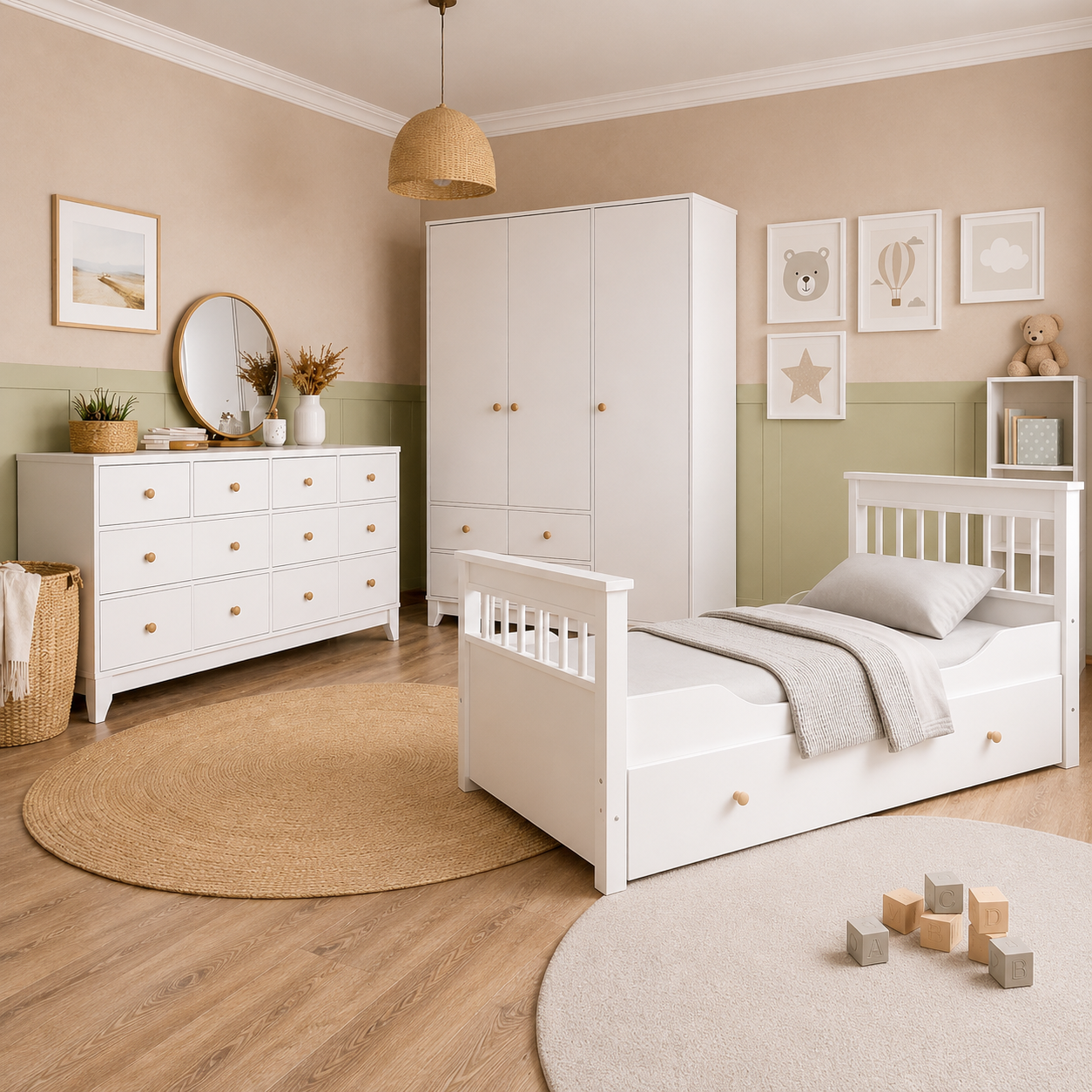 %100 MDF Bonnie Mega Bebek Odası (3 Kapılı Dolap & 8 Çekmeceli Şifonyer & 90x190 Yavrulu Karyola)