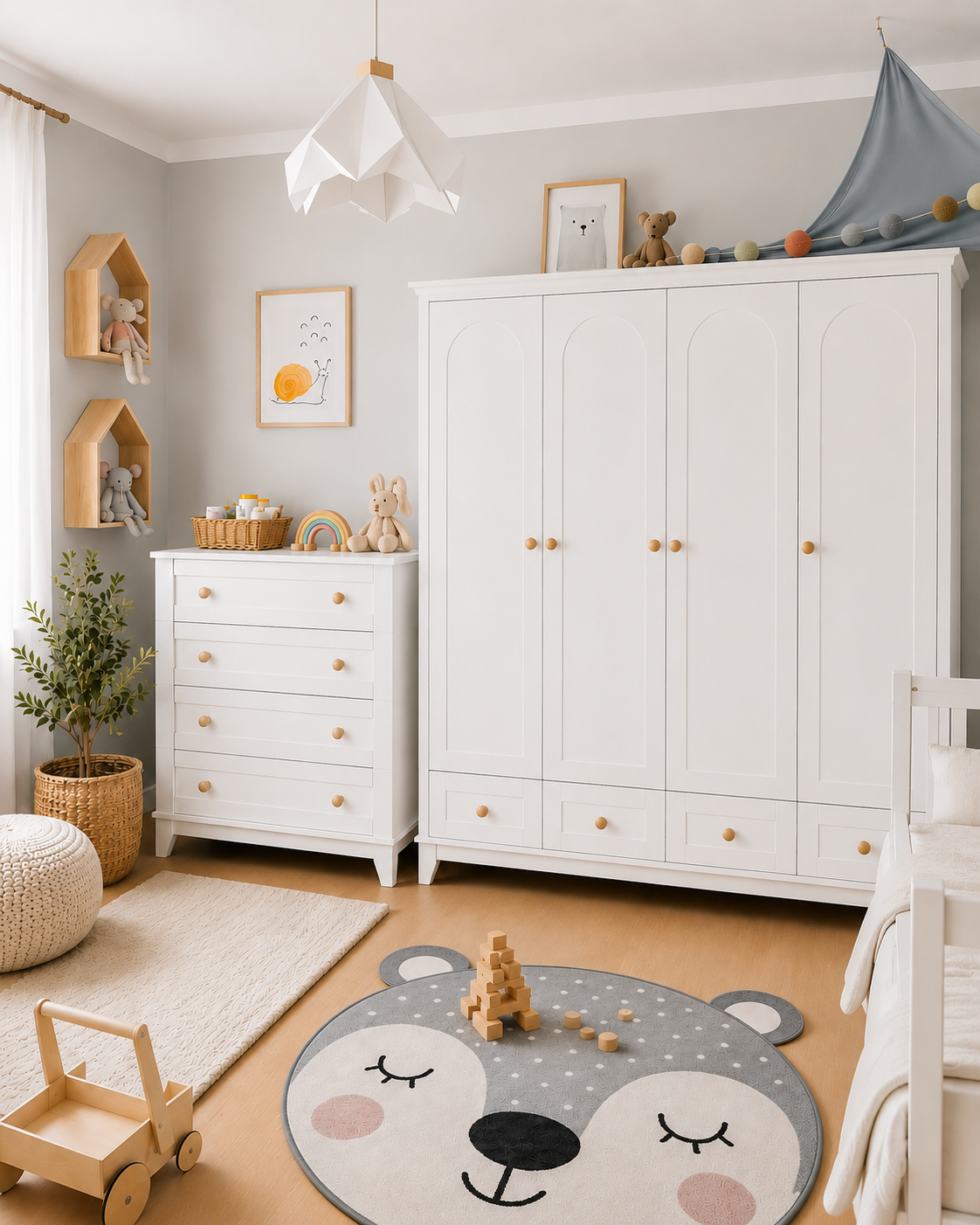 %100 MDF Oslo Düz Desen 4 Kapılı Bebek&Çocuk Gardırop & Oslo Düz Desen Bebek&Çocuk Şifonyer