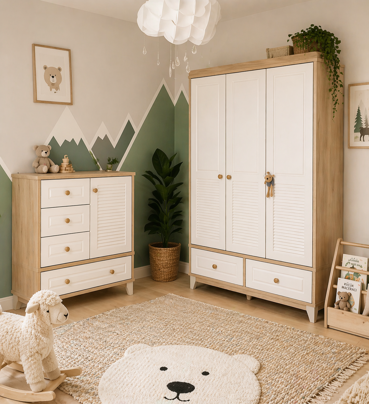 %100 MDF Panjur Ahşap Beyaz 3 Kapılı Dolap & Şifonyer