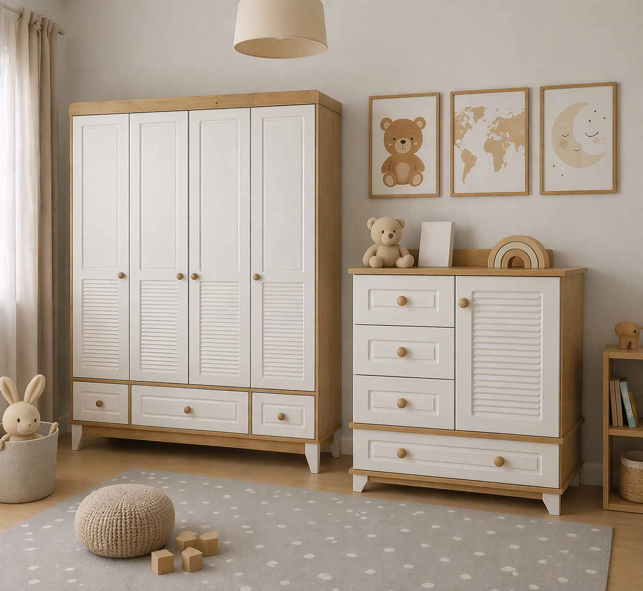 %100 MDF Panjur Ahşap Beyaz 4 Kapılı Dolap & Şifonyer
