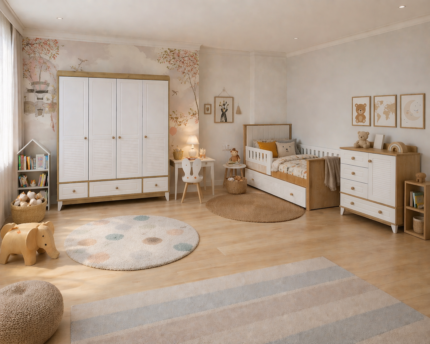 %100 MDF Panjur Ahşap Beyaz Kapitoneli Karyola Mega Bebek & Çocuk Odası Takımı