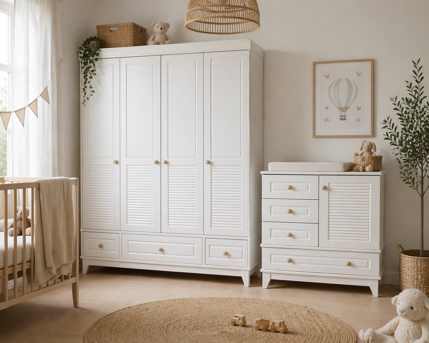 %100 MDF Panjur Beyaz 4 Kapılı Dolap & Şifonyer