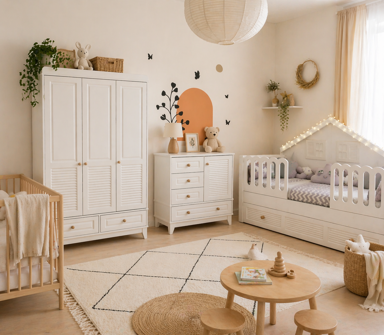 %100 MDF Panjur Beyaz Duvar Çatılı Maxi Bebek Odası Takımı
