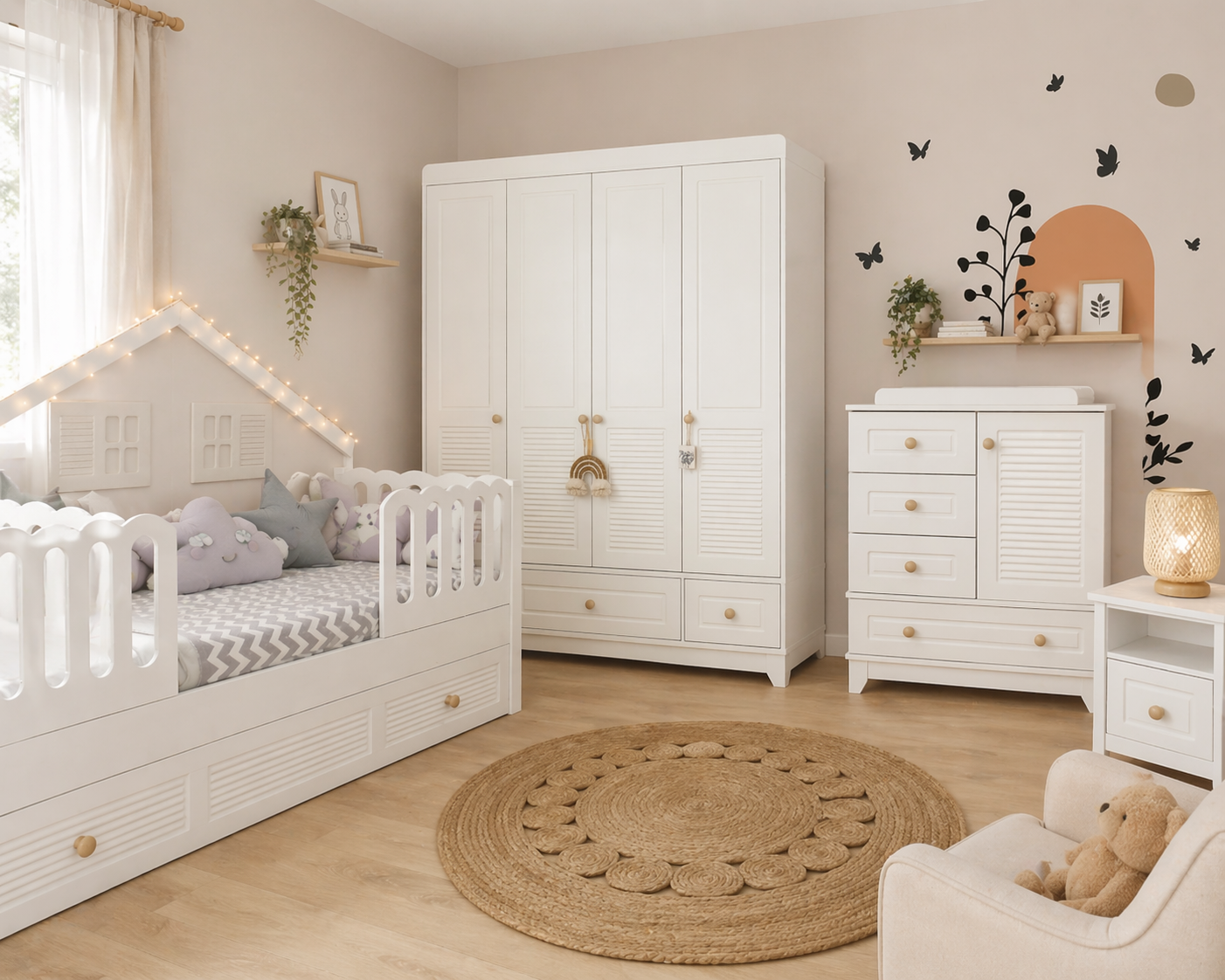 %100 MDF Panjur Beyaz Duvar Çatılı Mega Bebek Odası Takımı