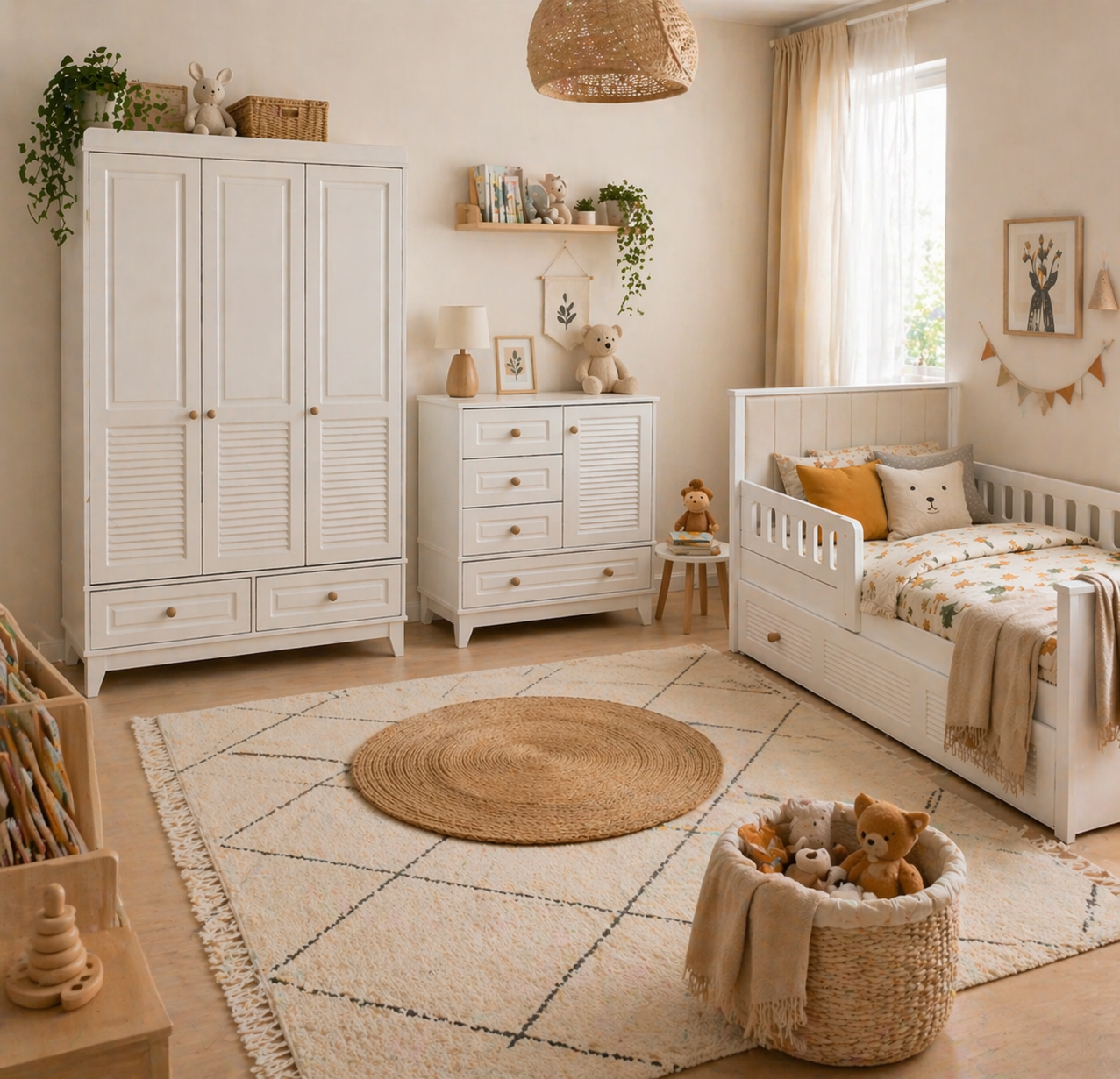%100 MDF Panjur Beyaz Kapitone Karyola Maxi Bebek Odası Takımı