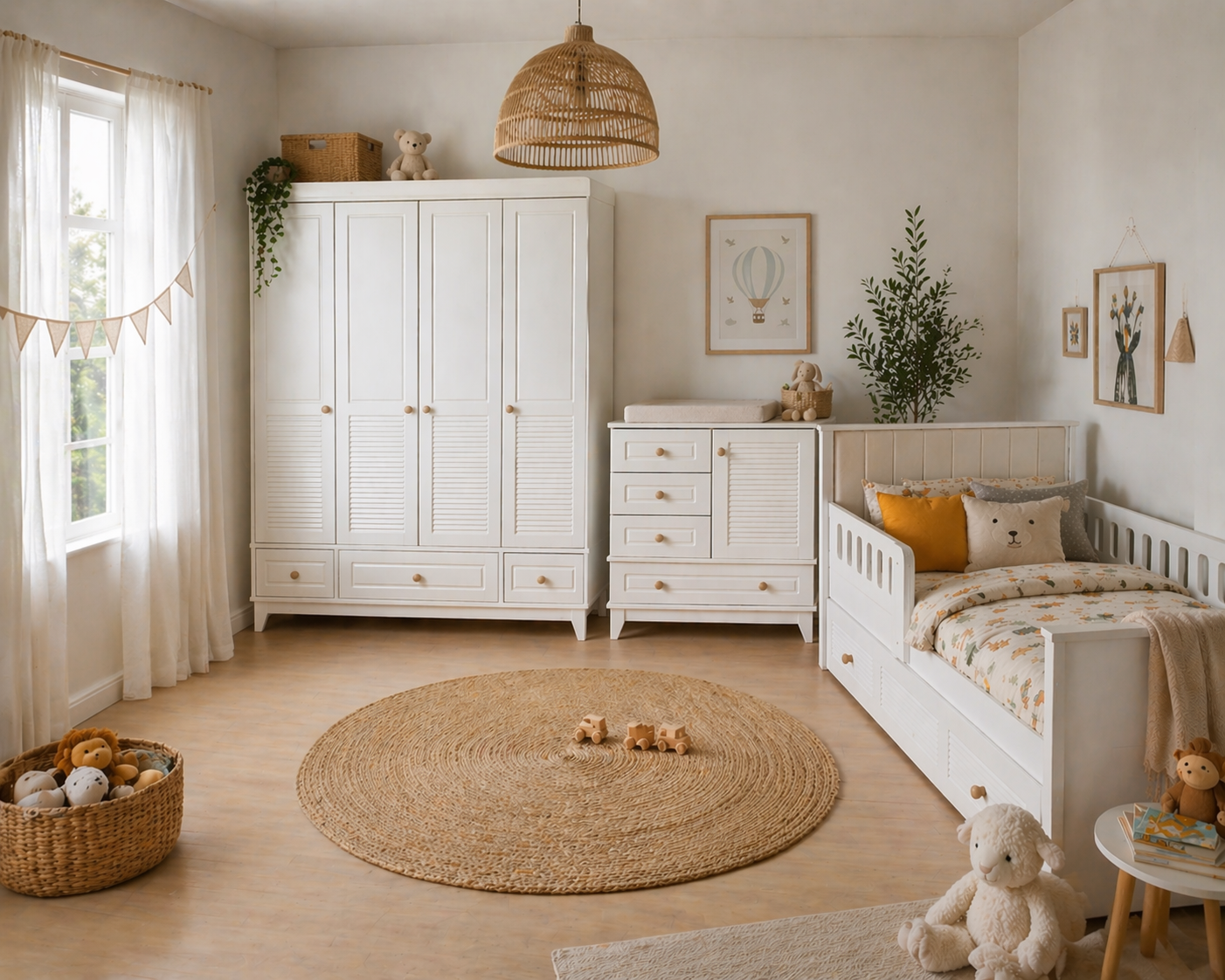 %100 MDF Panjur Beyaz Kapitoneli Karyola Mega Bebek Odası Takımı