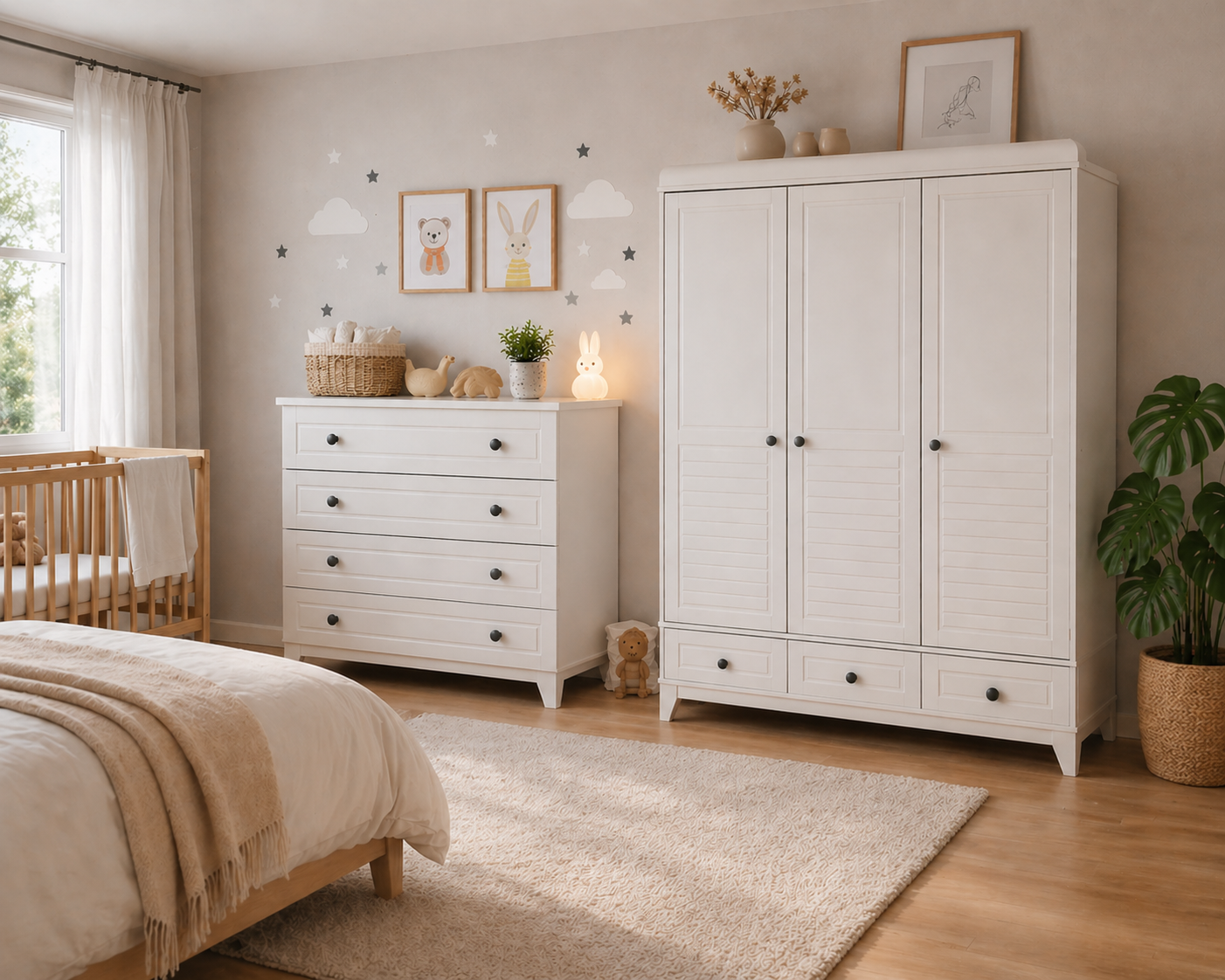 %100 MDF Stella Beyaz 3 Kapılı Dolap & Stella Beyaz Şifonyer