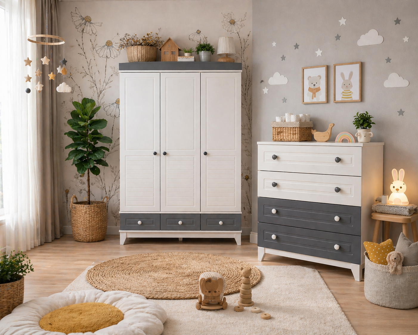%100 MDF Stella Gri Beyaz 3 Kapılı Dolap & Stella Gri Beyaz Şifonyer