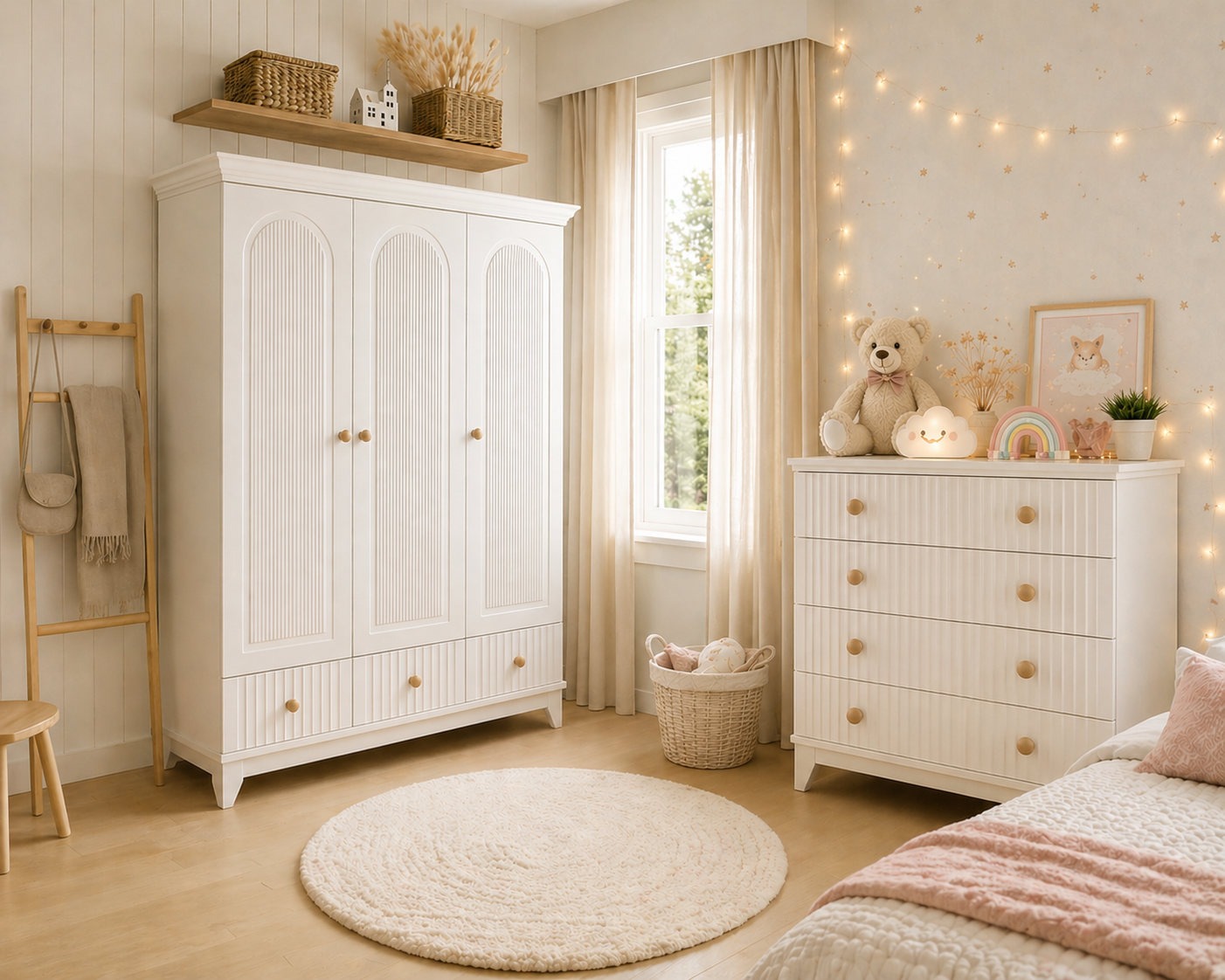 Bohem %100 MDF Beyaz 3 Kapılı Dolap & Bohem %100 MDF Beyaz 4 Çekmeceli Şifonyer