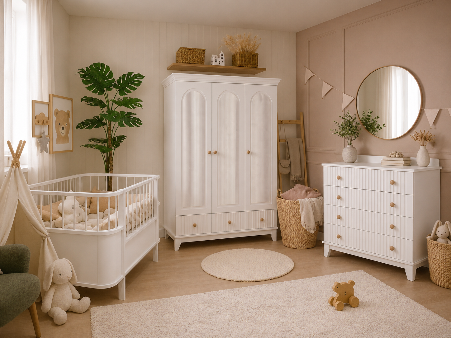 Bohem %100 MDF Büyüyen Maxi Bebek Odası Takımı ( 3 Kapılı Dolap & Şifonyer & 80x130 Büyüyen Beşik )