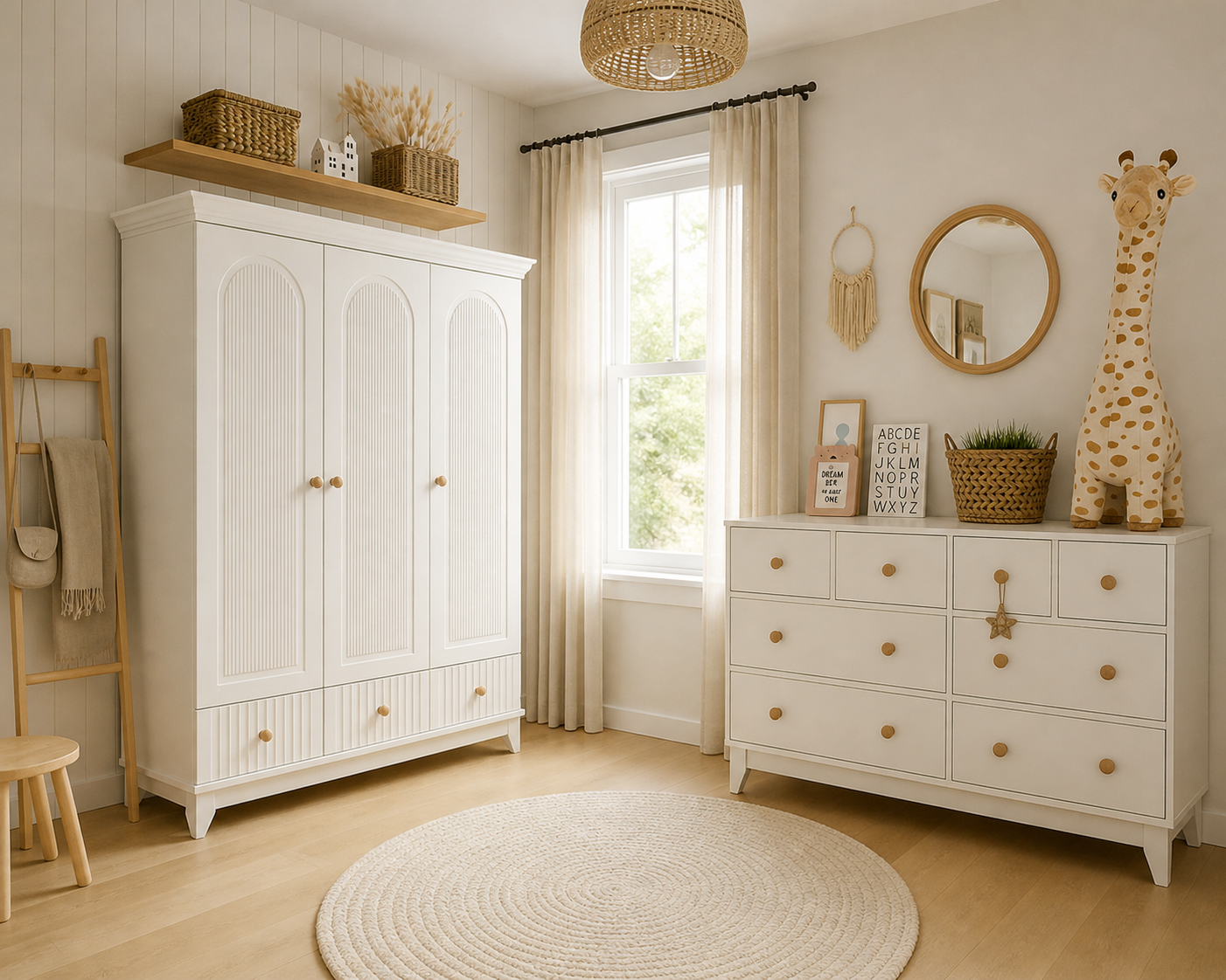 Bohem %100 MDF Çizgili Desen 3 Kapılı Bebek & Çocuk Gardırop && Bonnie %100 MDF 8 Çekmeceli Şifonyer
