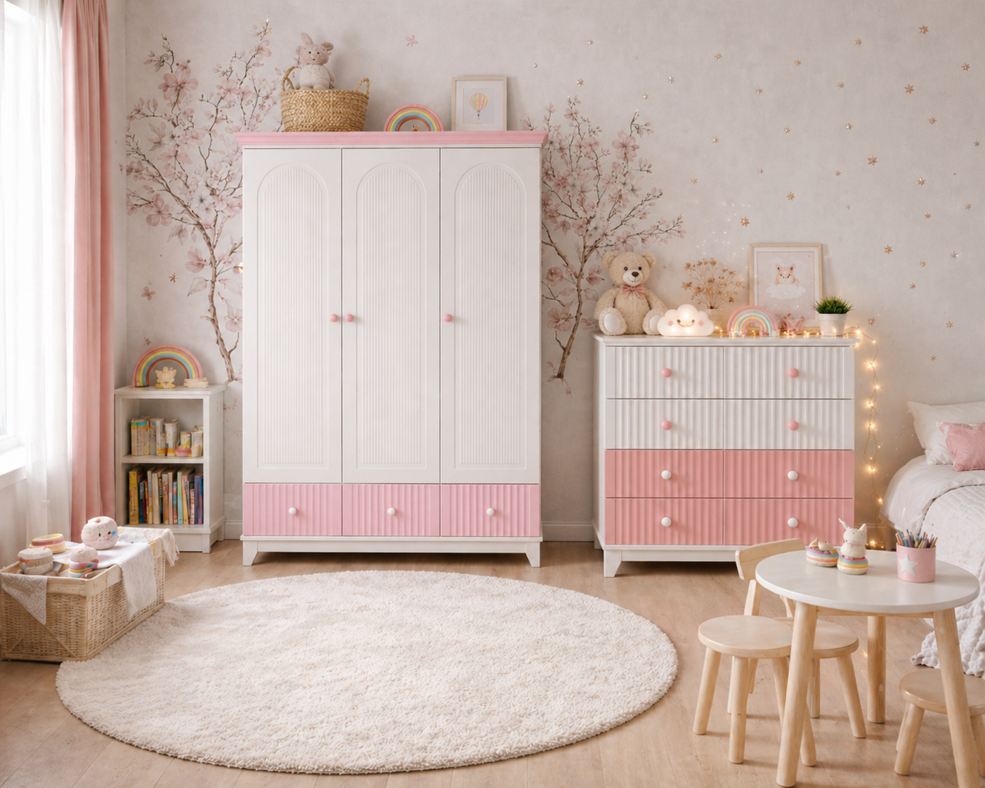 Bohem %100 MDF Pembe Beyaz 3 Kapılı Dolap & Bohem %100 MDF Pembe Beyaz 4 Çekmeceli Şifonyer