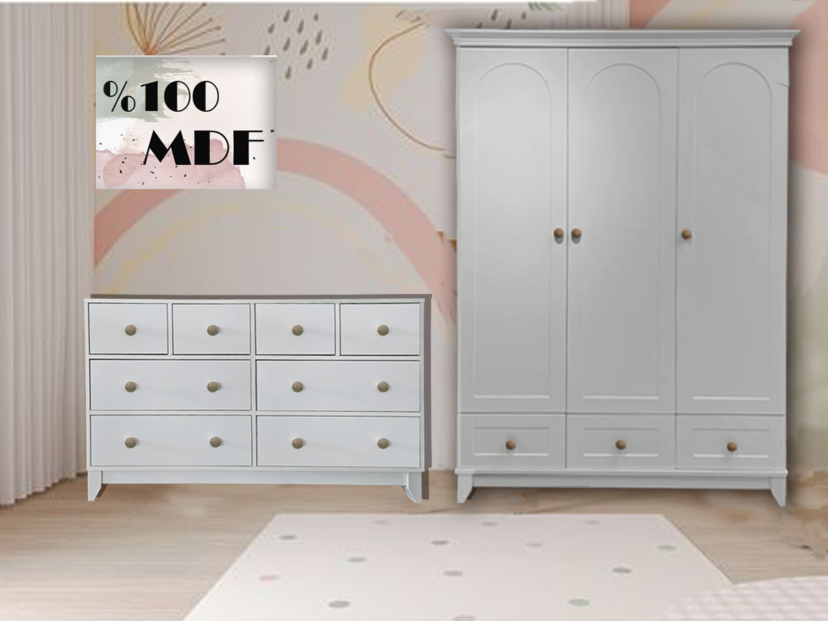 Bonnie %100 MDF 8 Çekmeceli Şİfonyer & Soho %100 MDF Düz Desen 3 Kapılı Bebek & Çocuk Gardırop