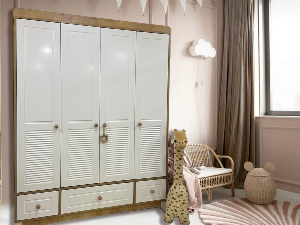 Panjur Ahşap Beyaz 4 Kapılı Bebek & Çocuk Gardırop