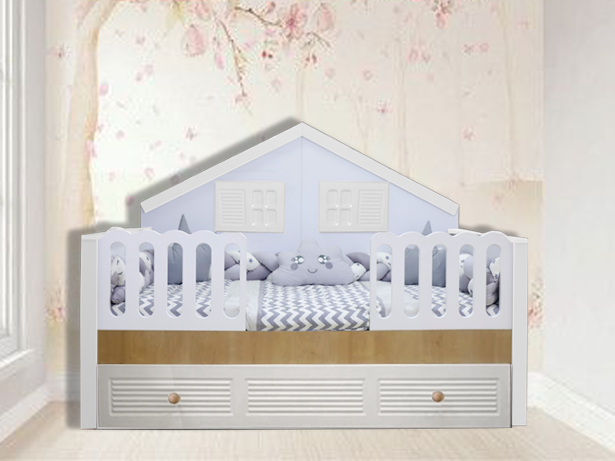 Panjur Ahşap Beyaz 90x190 Duvar Çatılı Yavrulu Karyola