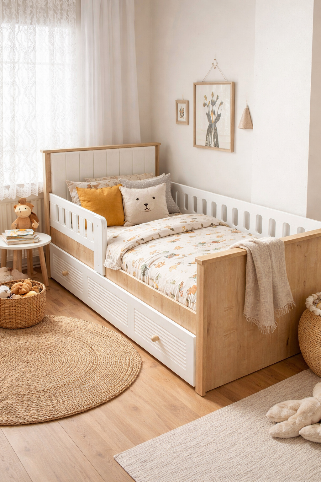 Panjur Ahşap Beyaz Full MDF 90x190 Kapitoneli Yavrulu Karyola