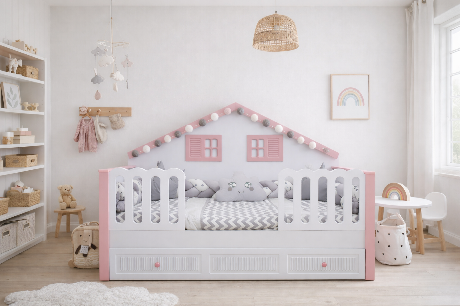 Soho Pembe Full MDF 90x190 Duvar Çatılı Yavrulu Karyola