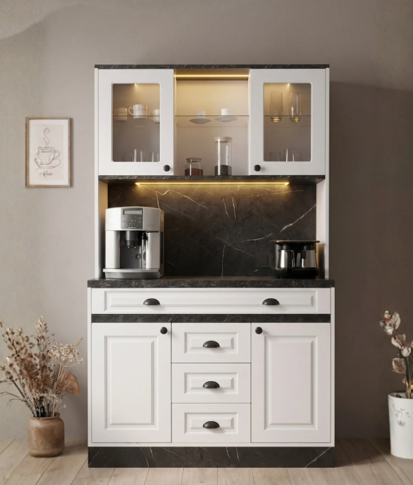 Kahve KöşesiAvm 24Mikel Masalı Siyah - Beyaz Kahve Köşesi Led Aydınlatmalı %100 Mdf Ücretsiz Montaj 120*45*200