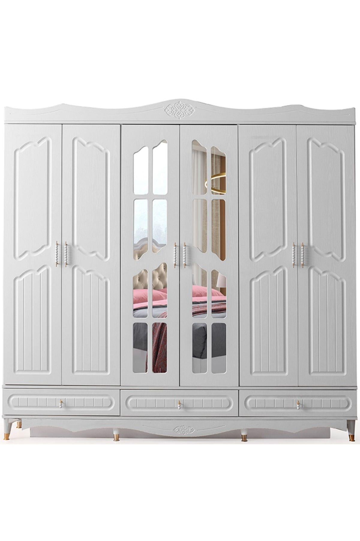 Riga Gardırop-mdf-beyaz-240x60x220cm-6 Kapak-aynalı Kapak-ücretsiz Nakliye Ve Montaj