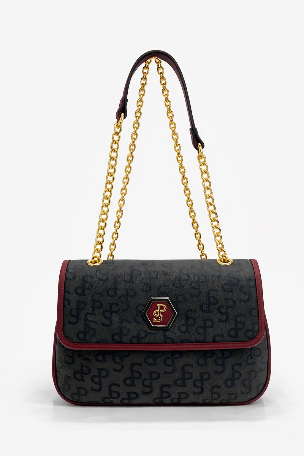 Silver Polo Çapraz Askılı Kadın Çanta Monogram Desenli Siyah-Bordo 1084