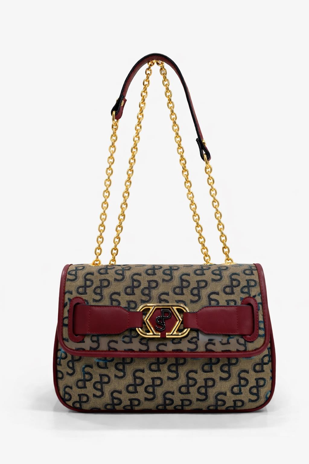 Silver Polo Çapraz Askılı Kadın Çanta Monogram Desenli Vizon-Bordo 1087