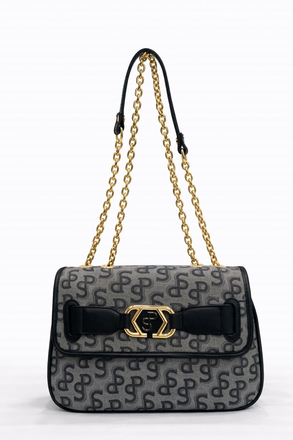 Silver Polo Çapraz Askılı Kadın Çanta Monogram Desenli Gri-Siyah 1087