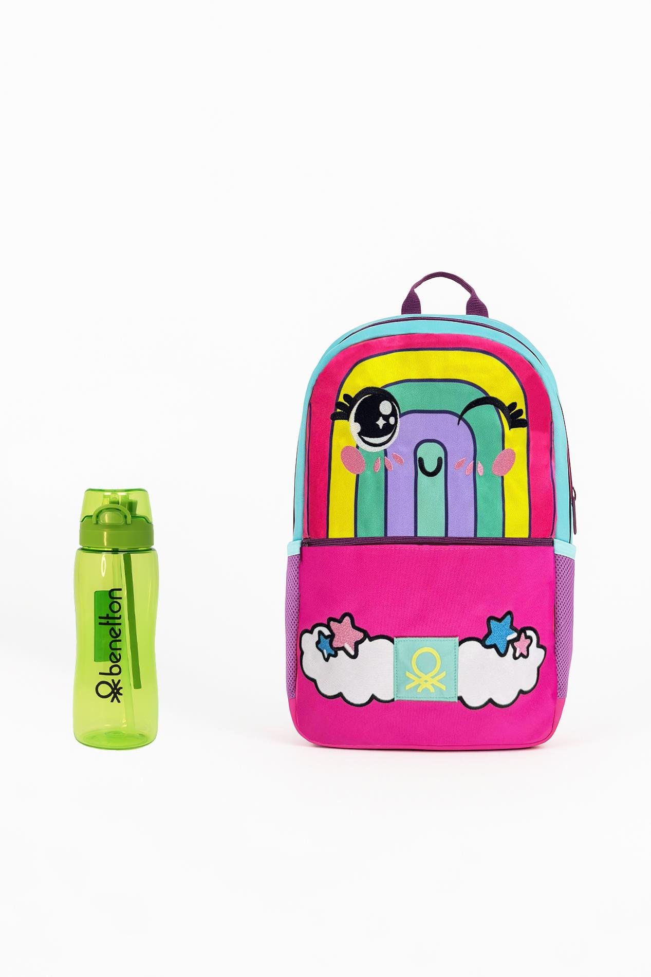 Benetton Gökkuşağı Desenli Okul Seti(İlkokul Çantası, Yeşil Matara)