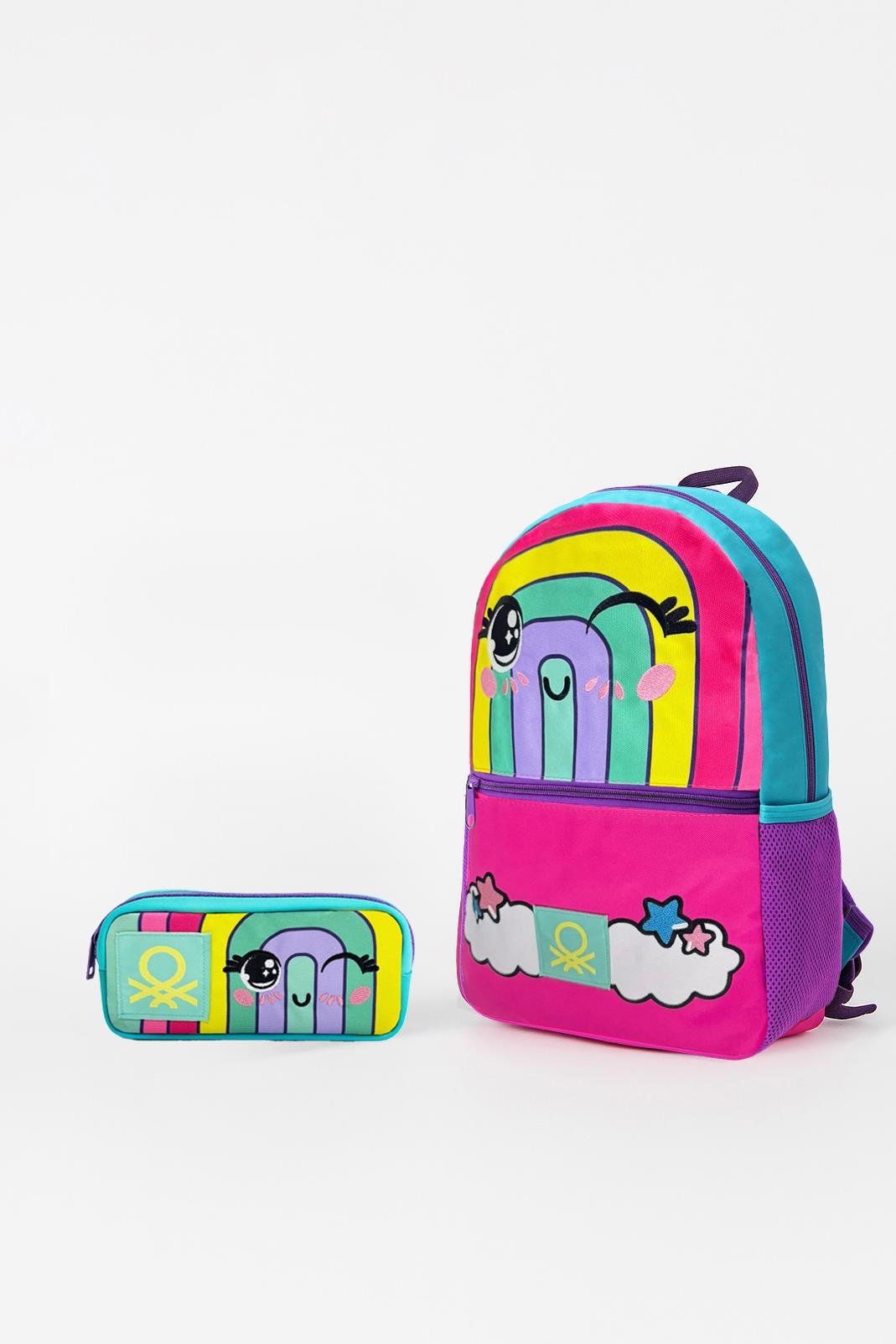 Gökkuşağı Desenli İkili İlkokul Çantası Seti(İlkokul Sırt Çantası, Çift Gözlü Kalem Kutusu)