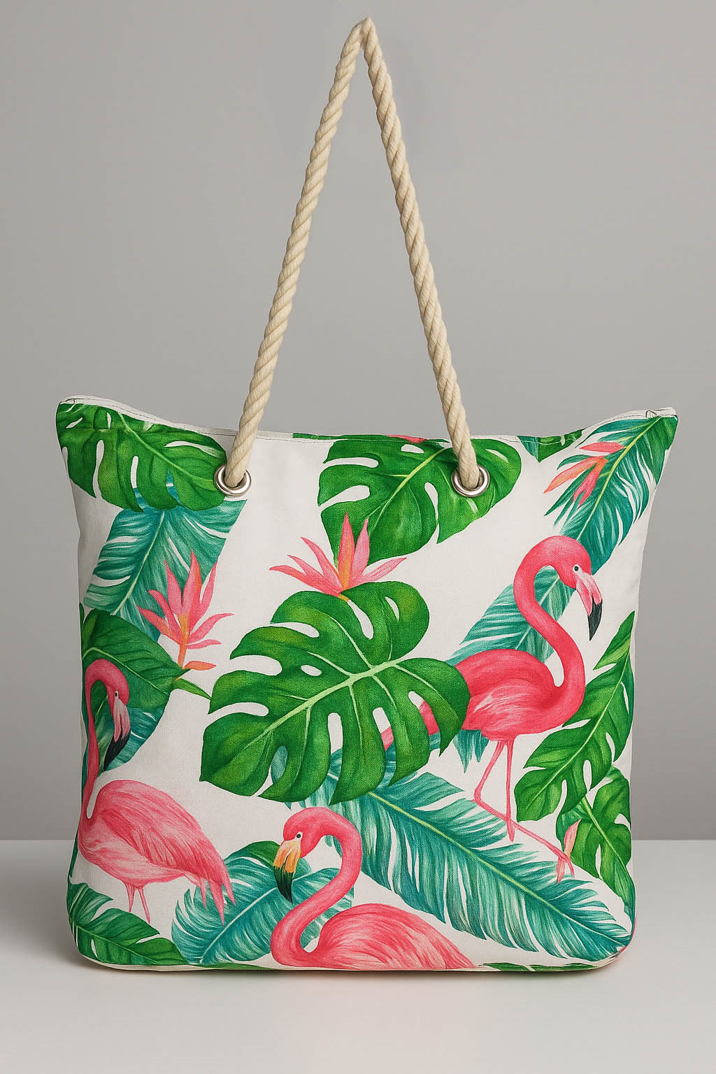 Kadın Plaj Çantası Flamingo Desen Yeşil 1102