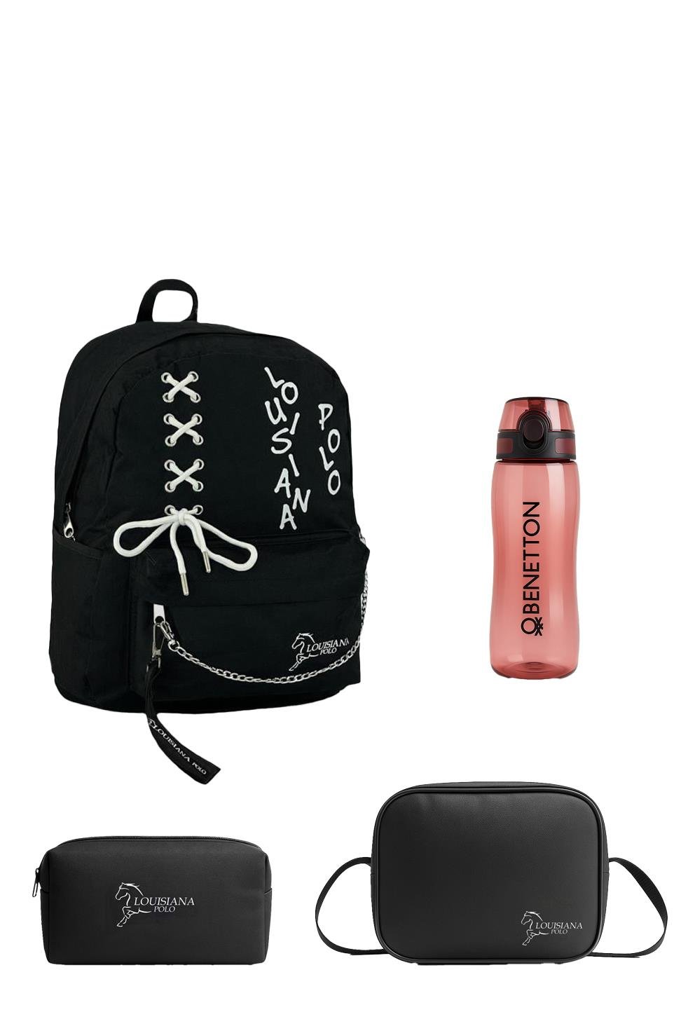 Louisiana Polo Okul Seti – Çanta + Termal Beslenme + Kalemlik + Kırmızı Matara Beyaz 1141