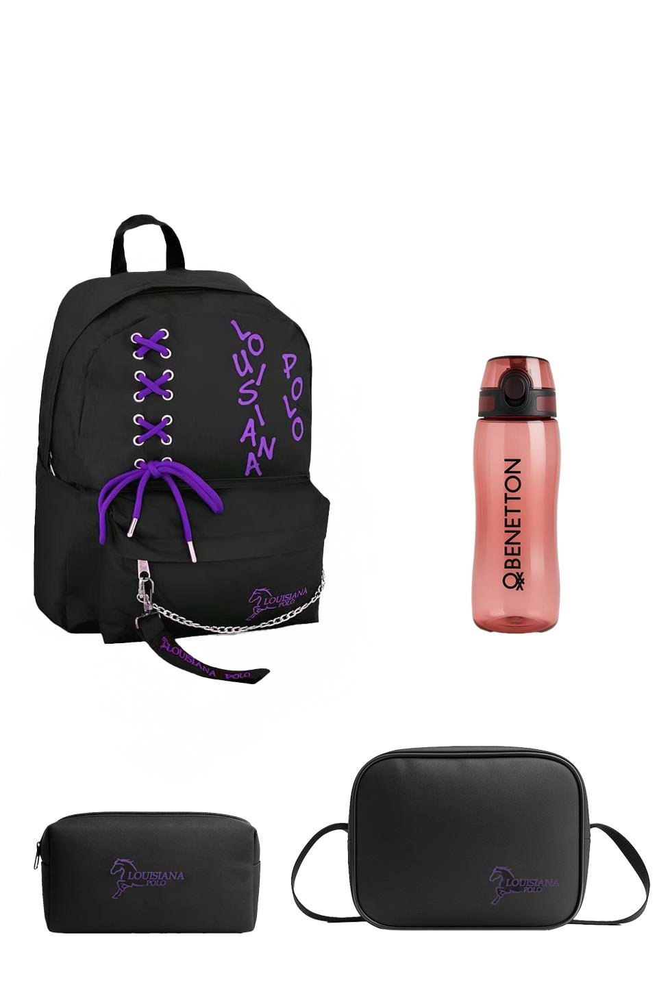 Louisiana Polo Okul Seti – Çanta + Termal Beslenme + Kalemlik +Kırmızı Matara Mor 1141