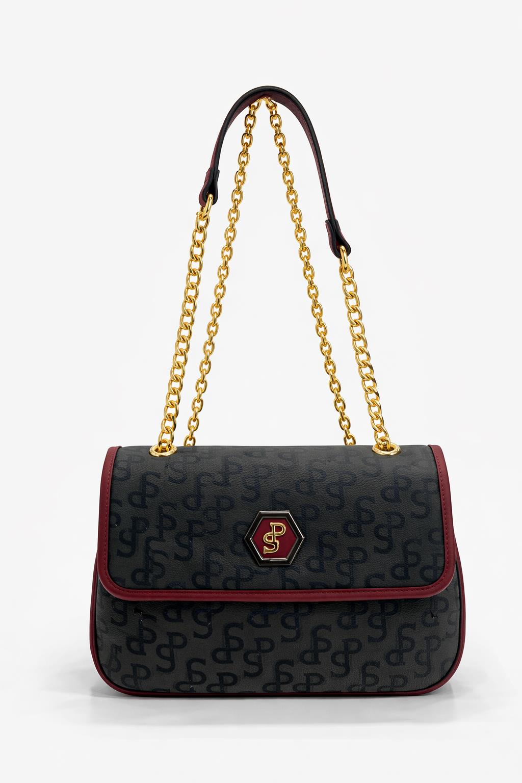 Silver Polo Çapraz Askılı Kadın Çanta Monogram Desenli Siyah-Bordo 1084