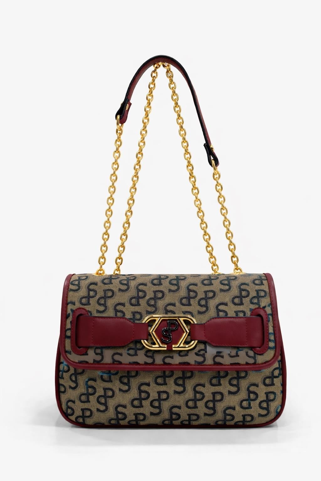 Silver Polo Çapraz Askılı Kadın Çanta Monogram Desenli Vizon-Bordo 1087