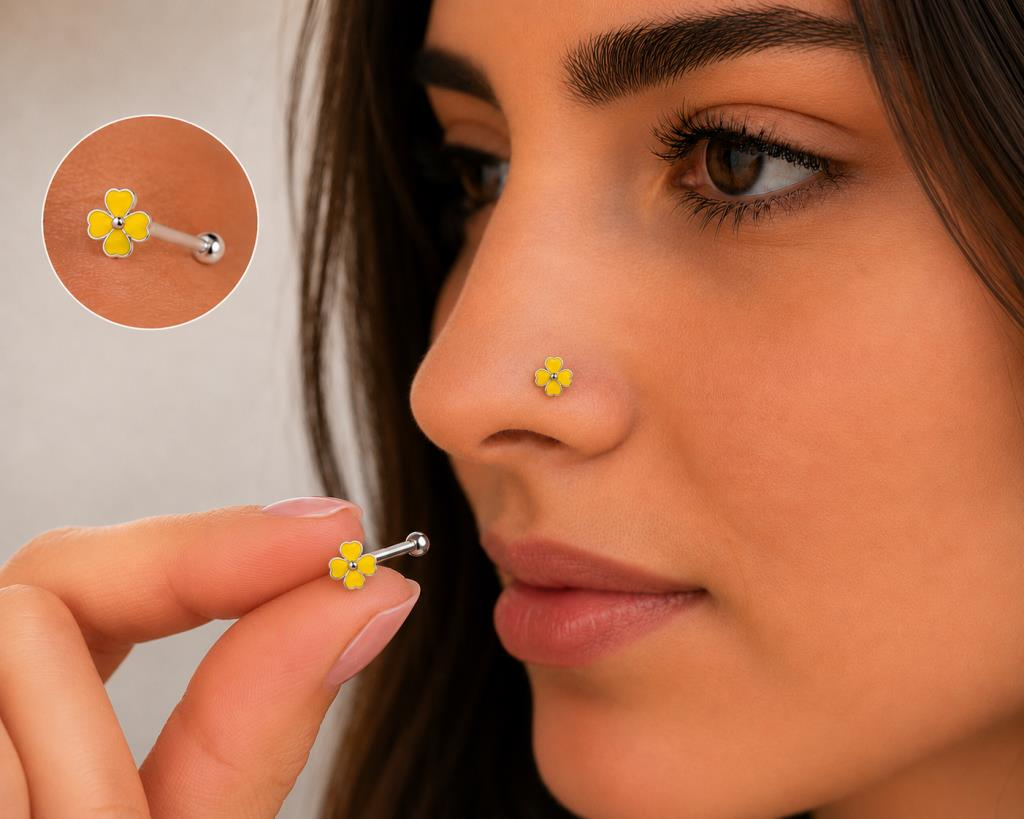 925 Ayar Gümüş Burun Hızması Sarı Çiçek Desenli Minimal Nose Stud Kadın Erkek Unisex 8 mm 