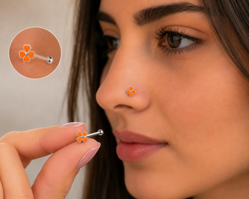 925 Ayar Gümüş Burun Hızması Turuncu Çiçek Desenli Minimal Nose Stud Kadın Erkek Unisex 8 mm 