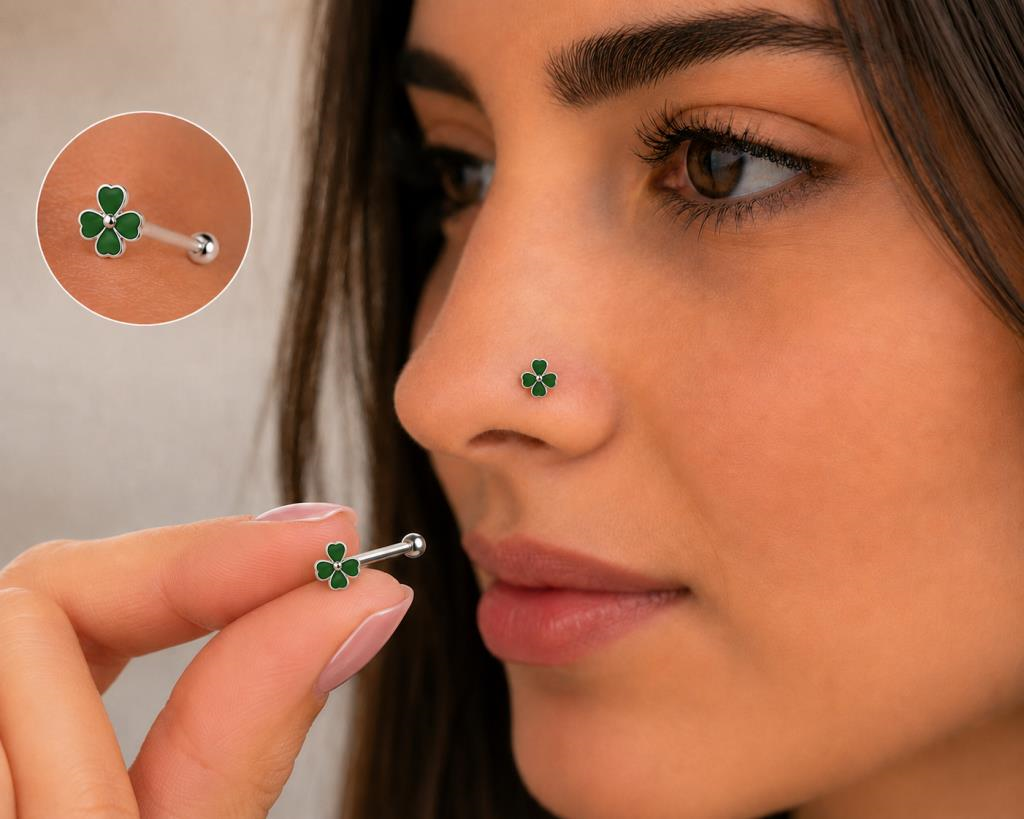 925 Ayar Gümüş Burun Hızması Yeşil Çiçek Desenli Minimal Nose Stud Kadın Erkek Unisex 8 mm 
