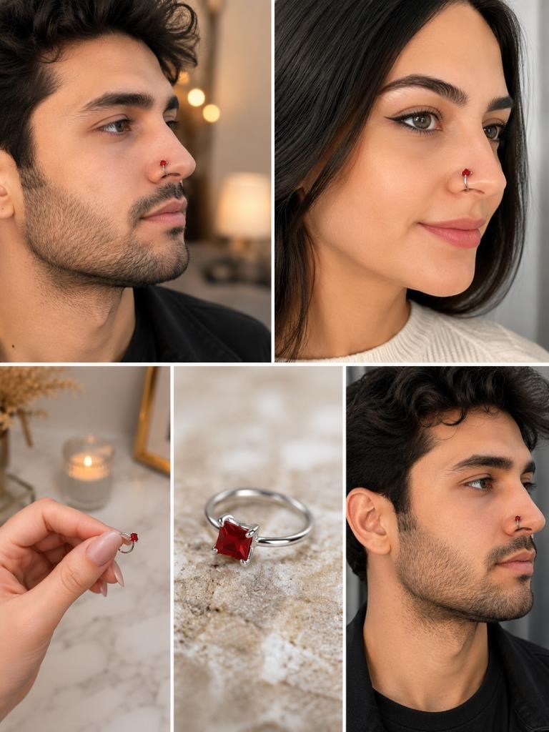 925 Ayar Gümüş Minimal Burun Hızması Piercing Zirkon Taşlı Unisex Halka Nose Ring Günlük Kullanım Şık Tasarım