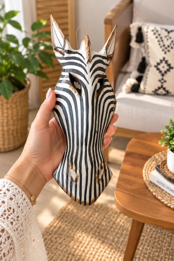 Ahşap Maske 31 cm Zebra Dekoratif Etnik Duvar Süsü  