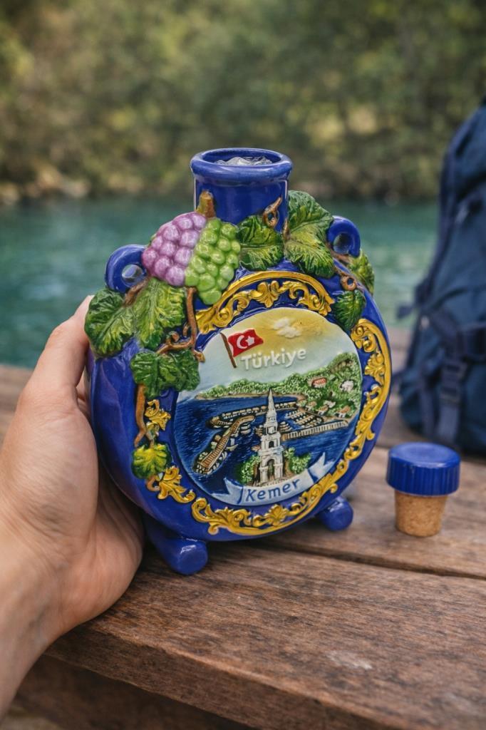 Antalya Temalı Seramik Su Matarası 14 cm – Dekoratif El Yapımı Hatıra Şişesi