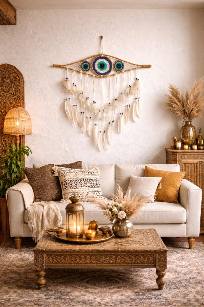 Bohem Bambu Nazar Boncuklu Rüya Kapanı Duvar Süsü 56x65 cm – El Yapımı Ahşap Boncuklu Tüylü Dreamcatcher Duvar Dekoru