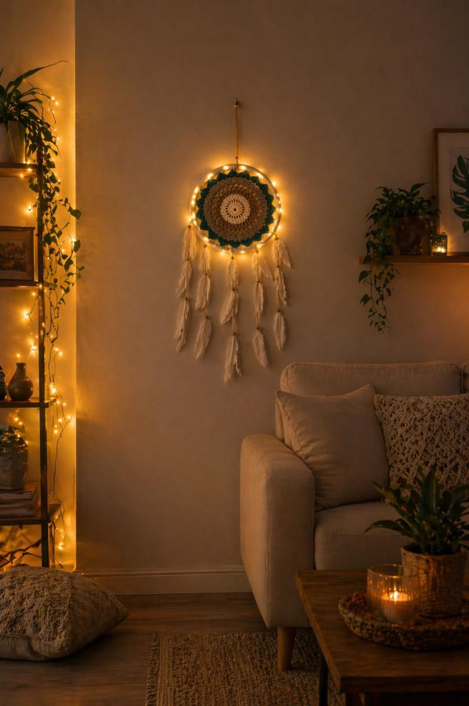 Bohem Rüya Kapanı Duvar Süsü LED Işıklı Makrome Dream Catcher 22 cm El Yapımı Dekoratif Duvar Aksesuarı