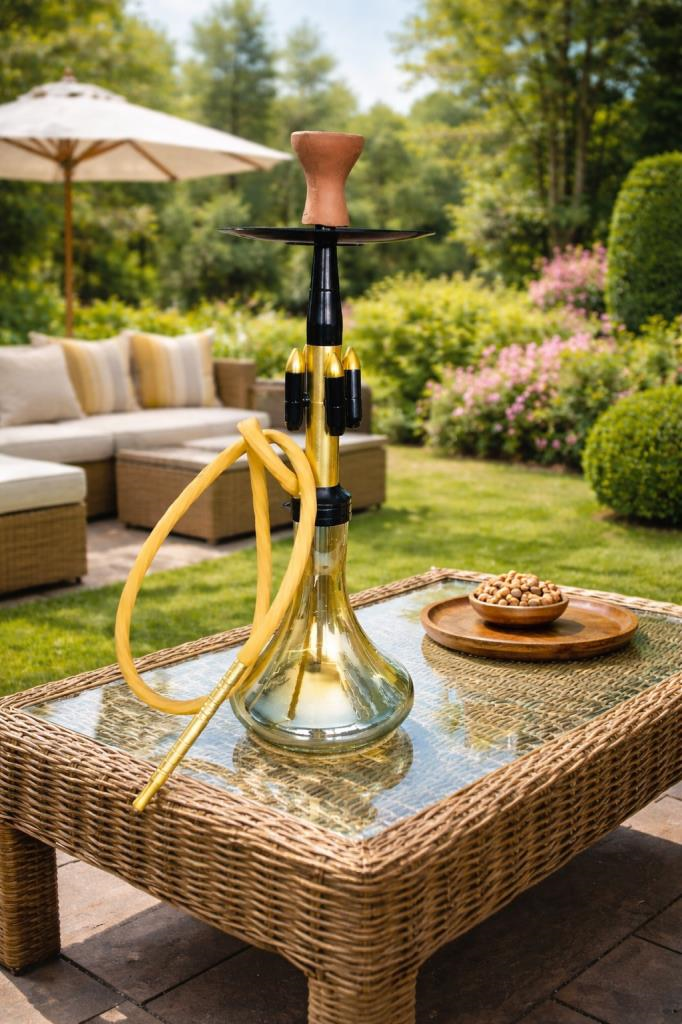 Cam Nargile 60 cm Büyük Boy – Gold Siyah Lüks Nargile Takımı | Teras Balkon Şark Köşesi Dekor