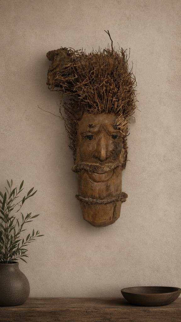 Dekoratif Ahşap Duvar Maskesi El Yapımı Otantik Tribal Bohem Salon Ofis Duvar Dekoru 51 cm