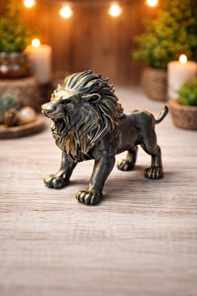 Dekoratif Aslan Biblo 24x14 cm Metalik Görünümlü Vitrin ve Kitaplık Süsü Antrasit Sarı Renk