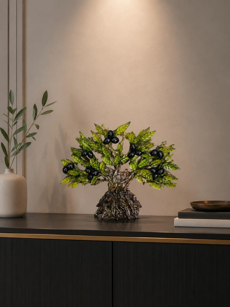 Dekoratif Zeytin Ağacı Biblo 21x26 cm Reçine El Yapımı Siyah Zeytinli Konsol Vitrin Ofis Masa Üstü Ev Dekoru 