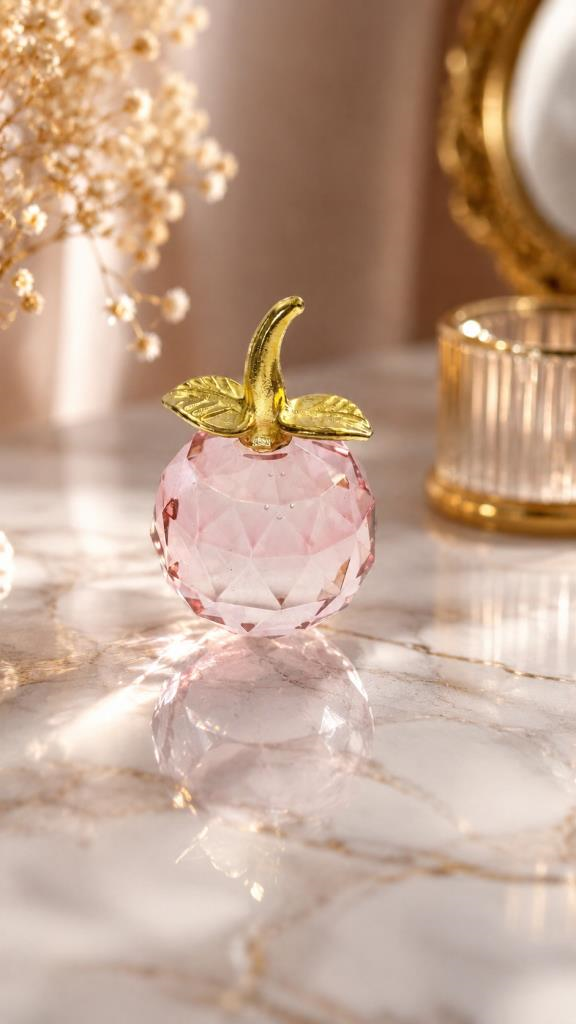 embe Mini Boy Kristal Elma Biblo 7.5 Cm Dekoratif Cam Obje Gold Yapraklı Masa Üstü Süsü 
